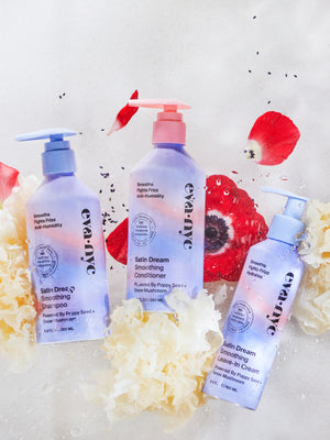 Eva NYC Satin Dream Smoothing Shampoo, Conditioner, Leave-In Hair Cream Poppy Seed + Snow Mushroom