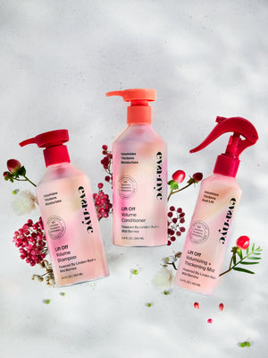 Eva NYC Lift Off Volume Collection Set showing Lift Off Volume Shampoo, Conditioner and Volumizing + Thickening Mist