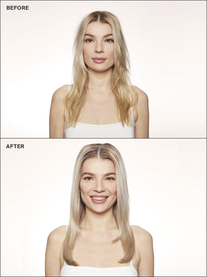 Before and after results using Eva NYC's Tone It Down Blonde Trio Collection Set