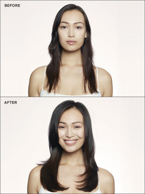 Model before and after using Eva NYC Lift Off Volume Conditioner